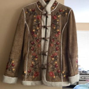 Embroidered suede faux shearling jacket